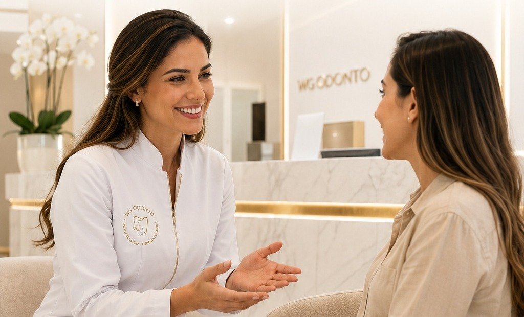 Imagem ilustrativa: dentista conversando com paciente na recepção